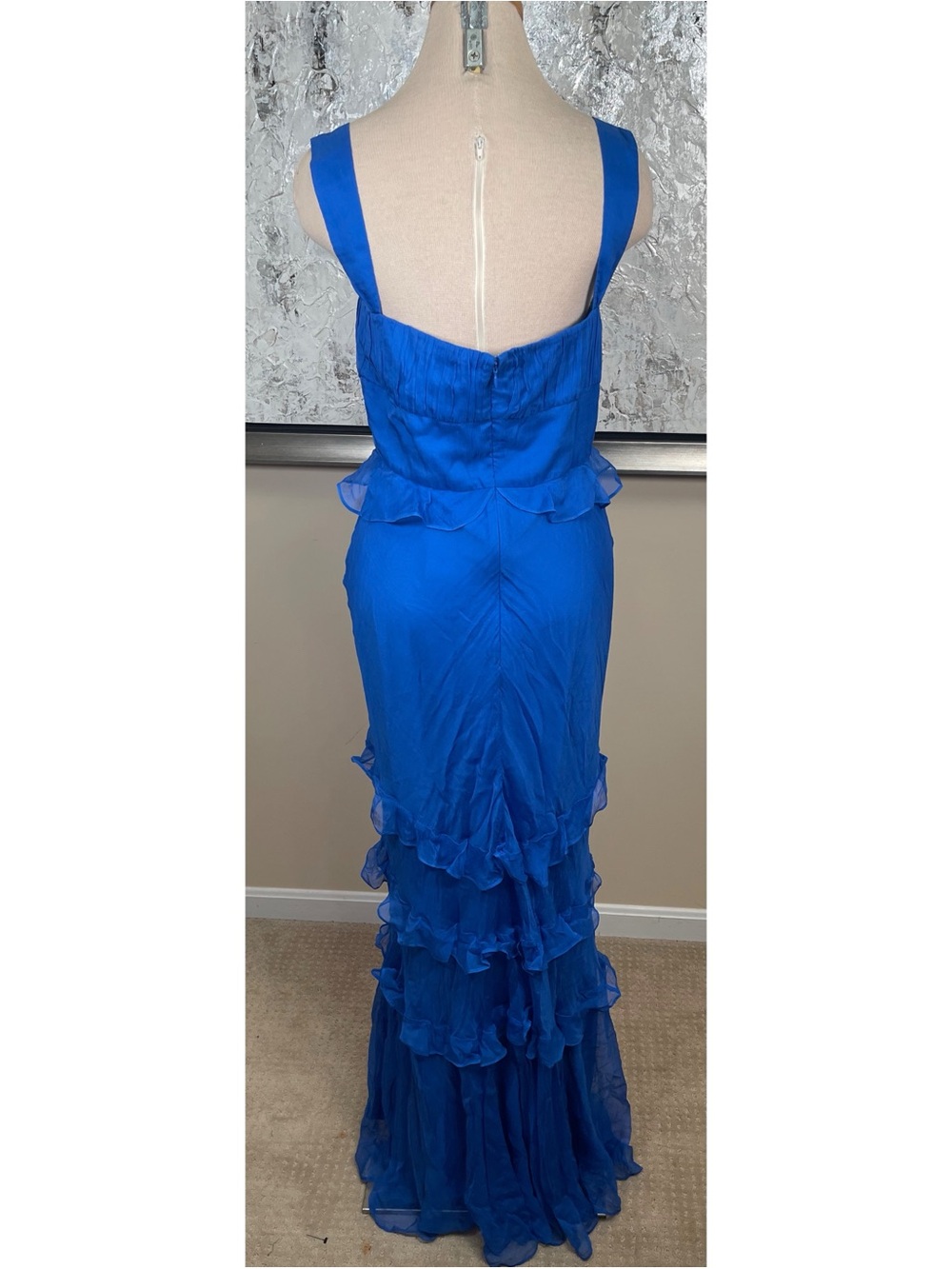 SALONI Chandra Ruffled Plisse Silk Georgette Tiered Blue Maxi Dress Size 8 - Picture 7 of 9